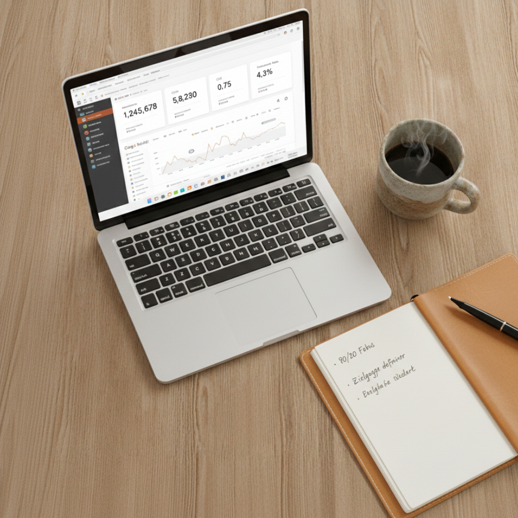 Google Analytics Analyse auf einem Laptop und einem Notizbuch